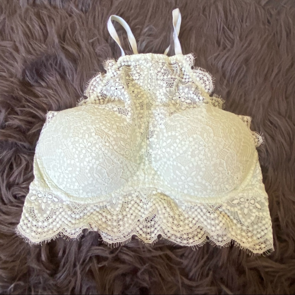VS PINK Eyelash Lace Push Up High Neck Bralette Medium Baby Blue Tint